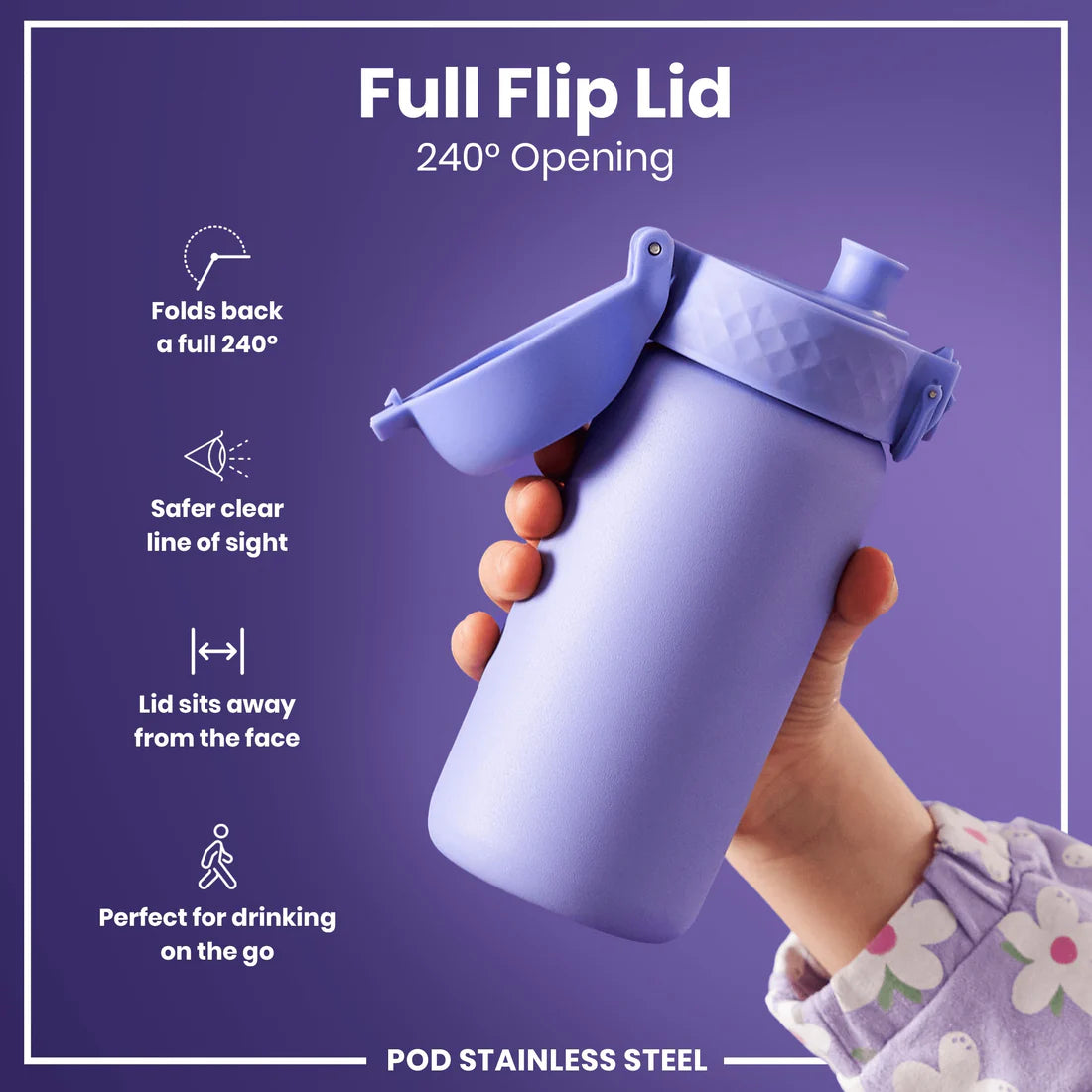 Kinder Edelstahl Trinkflasche Ion8 400ml Lavendel