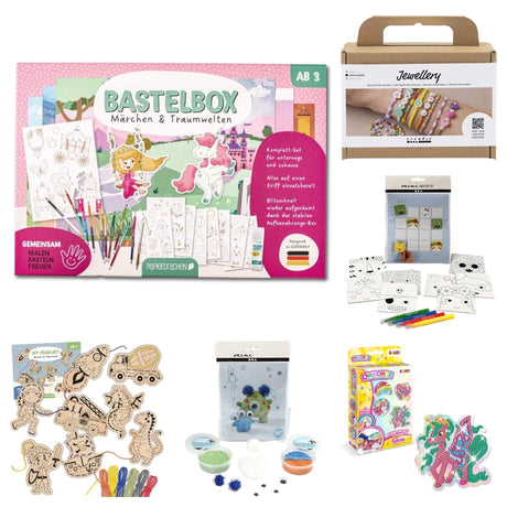 Bastelsets für Kinder mit verschiedenen Motiven und Bastelideen zum kreativen Gestalten