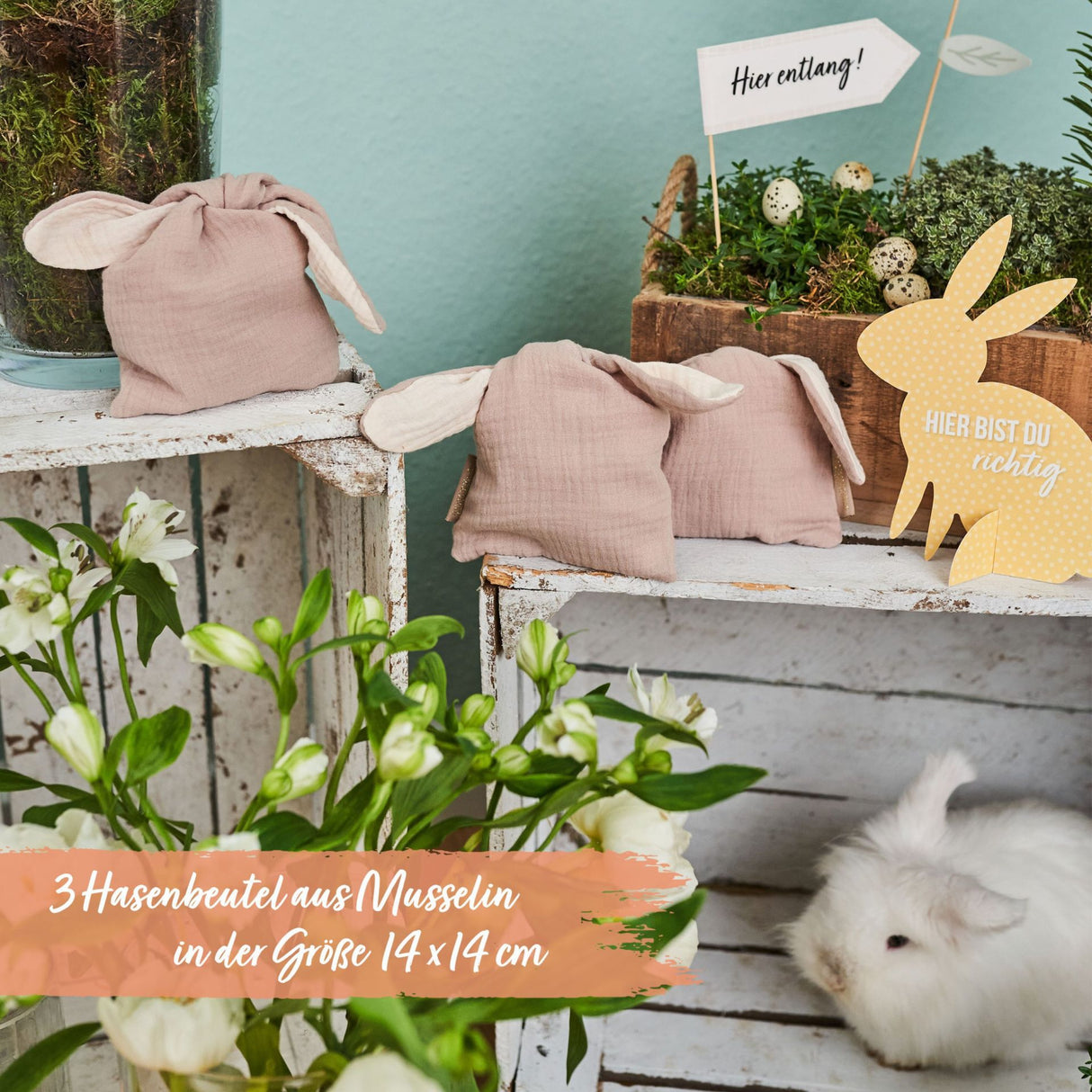 Osternest Hasetasche aus Musselin Beige