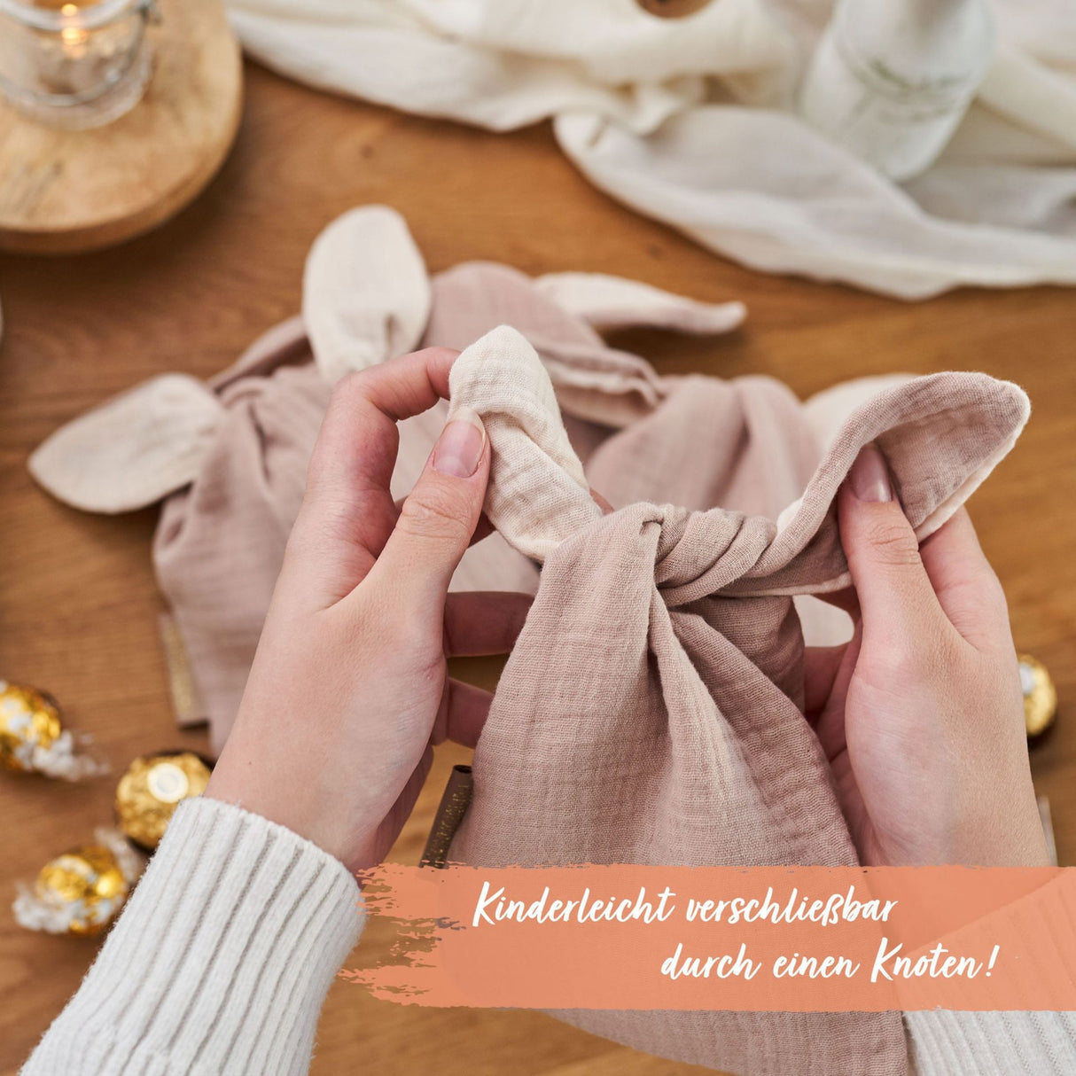 Osternest Hasetasche aus Musselin Beige