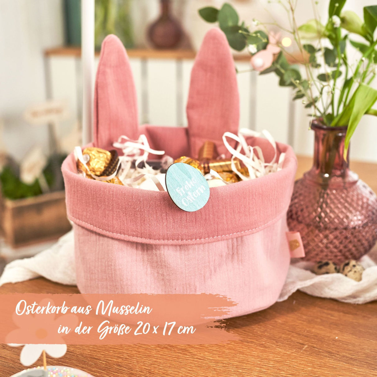 Osternest mit Hasenohren Musselin Rosa