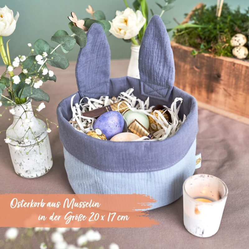 Osternest mit Hasenohren Musselin Blau
