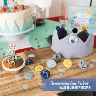 Geburtstagskrone Musselin mit Zahlen Button Blaugrau