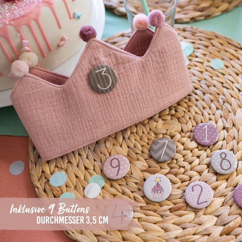Geburtstagskrone Musselin mit Zahlen Button Rosa