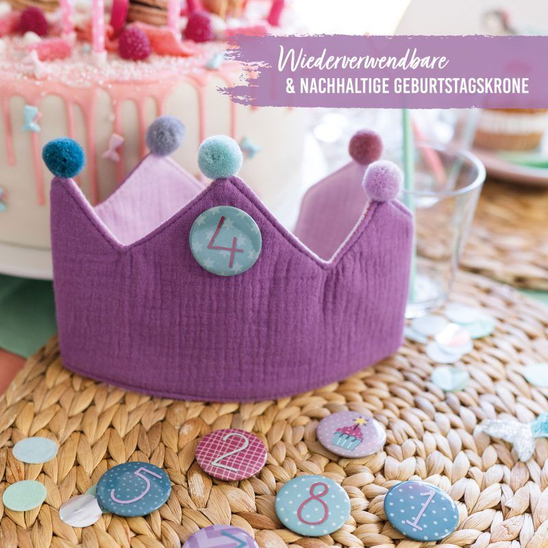 Geburtstagskrone Musselin mit Zahlen Button Lila