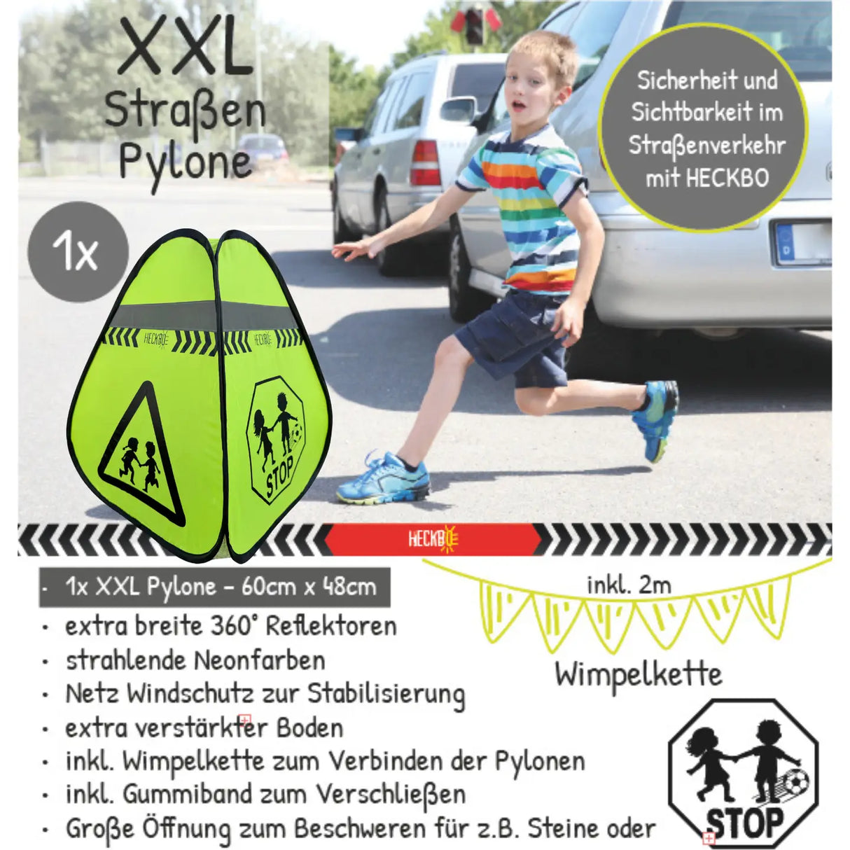 2 Straßenwarnschild mit Wimpelkette - Achtung spielende Kinder