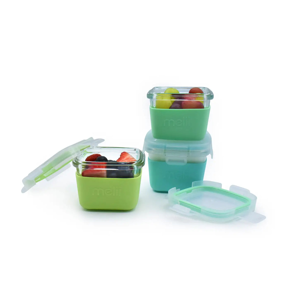 Melii Lebensmittelbehälterset aus Glas mit Silikonhülle Lila