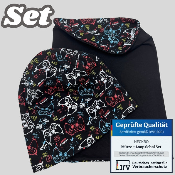 Kinder Übergangs Mütze & Loop Schal Game