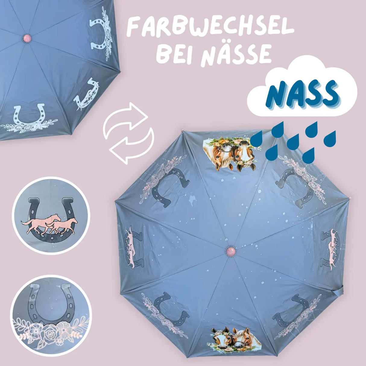 Kinder Regenschirm mit Farbwechsel Pferd