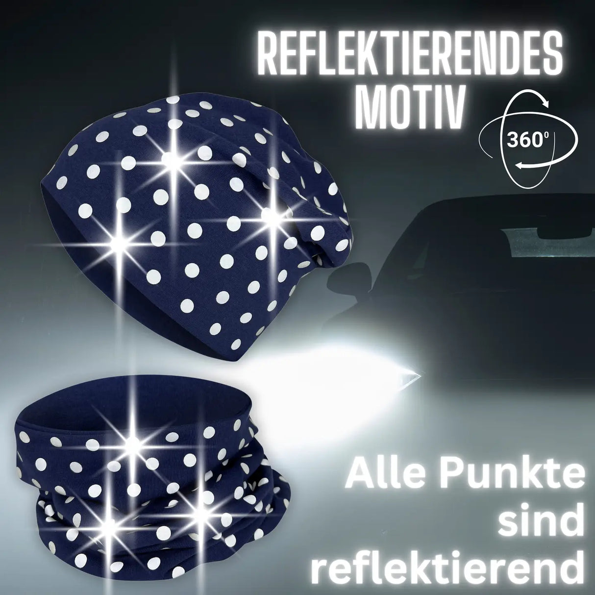 Kinder Übergangs Mütze & Loop Schal Reflektierend Punkte