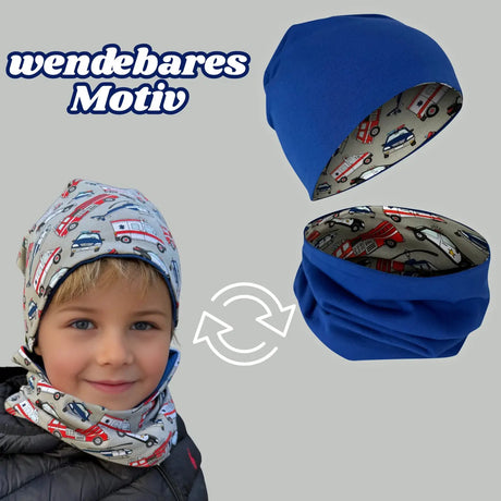 Kinder Übergang Mütze & Loop Schal Einsatzfahrzeuge