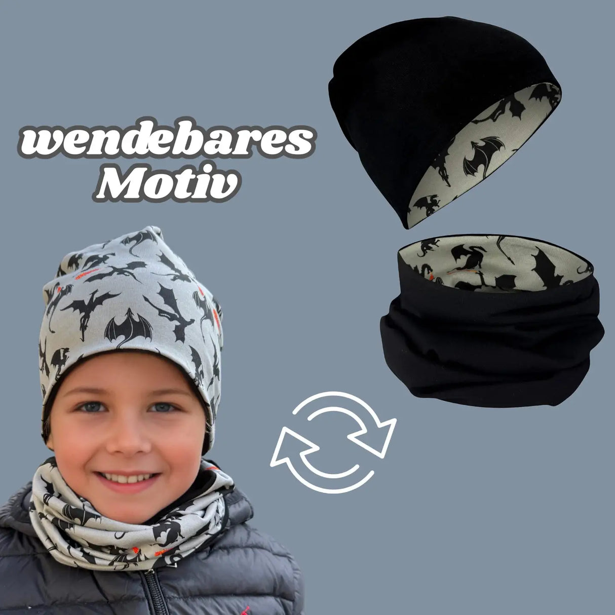 Kinder Übergangs Mütze & Loop Schal Drache