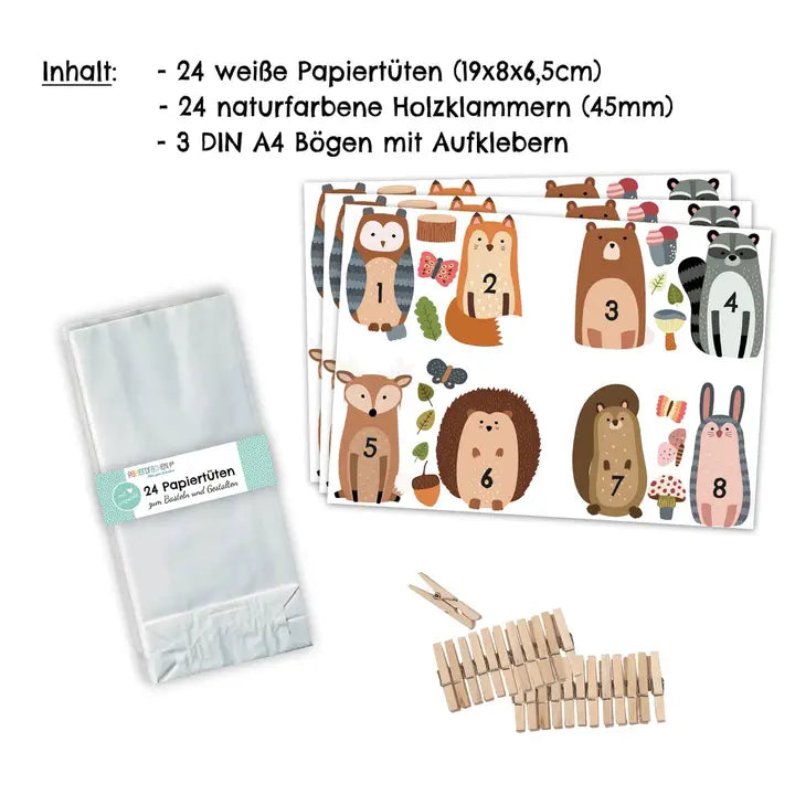 Adventskalender Tüten Waldtiere Weiss