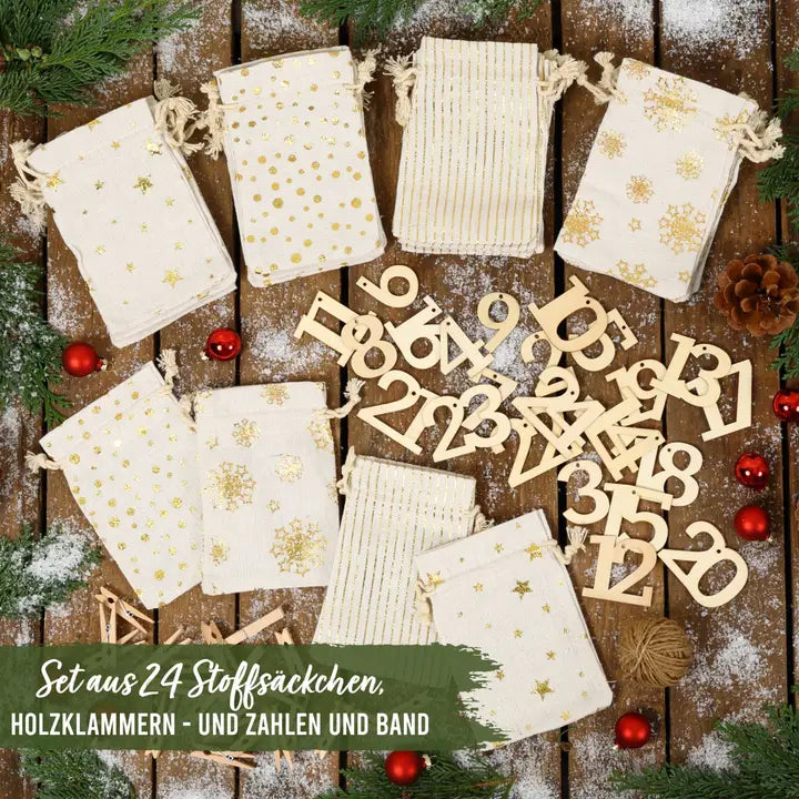Adventskalender Stoffsäckchen mit Goldfolierung