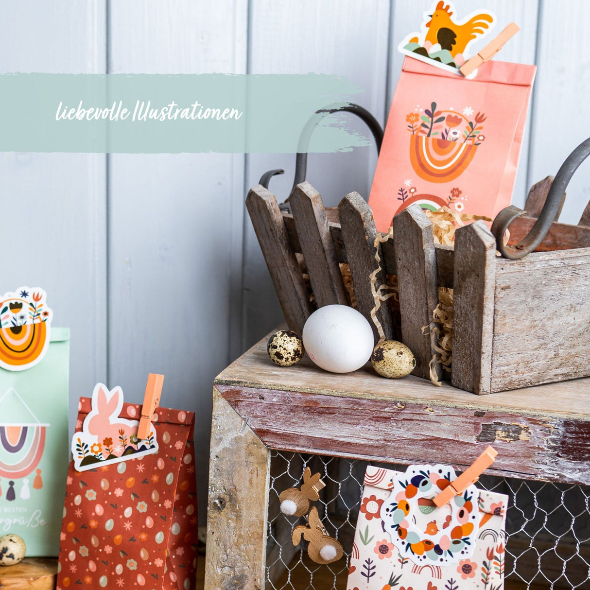 Osternest Papiertüten mit Anhänger Boho