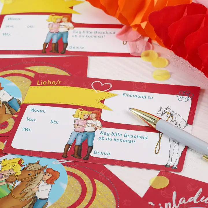 12 Einladungskarten Kindergeburtstag Bibi & Tina mit Glitzer