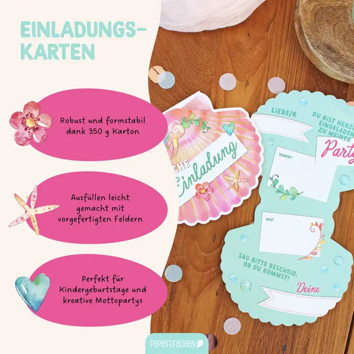 12 Einladungskarten Kindergeburtstag Muschel Meerjungfrau