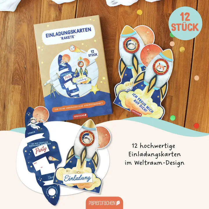 12 Einladungskarten Kindergeburtstag Rakete