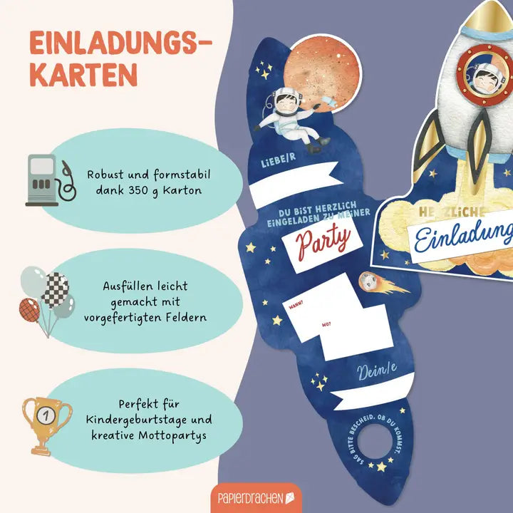 12 Einladungskarten Kindergeburtstag Rakete