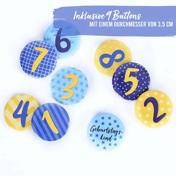 Geburtstagskrone mit Zahlen Button Blau