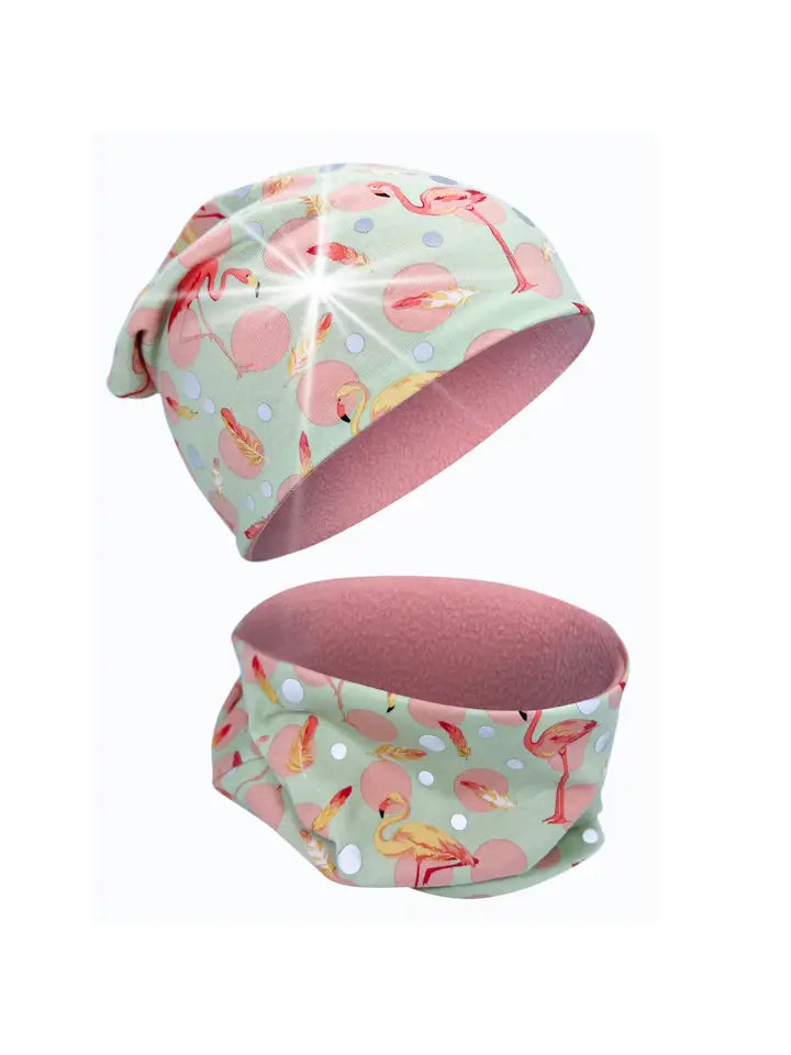 Kinder Winter Mütze & Loop Schal Reflektierend Flamingo
