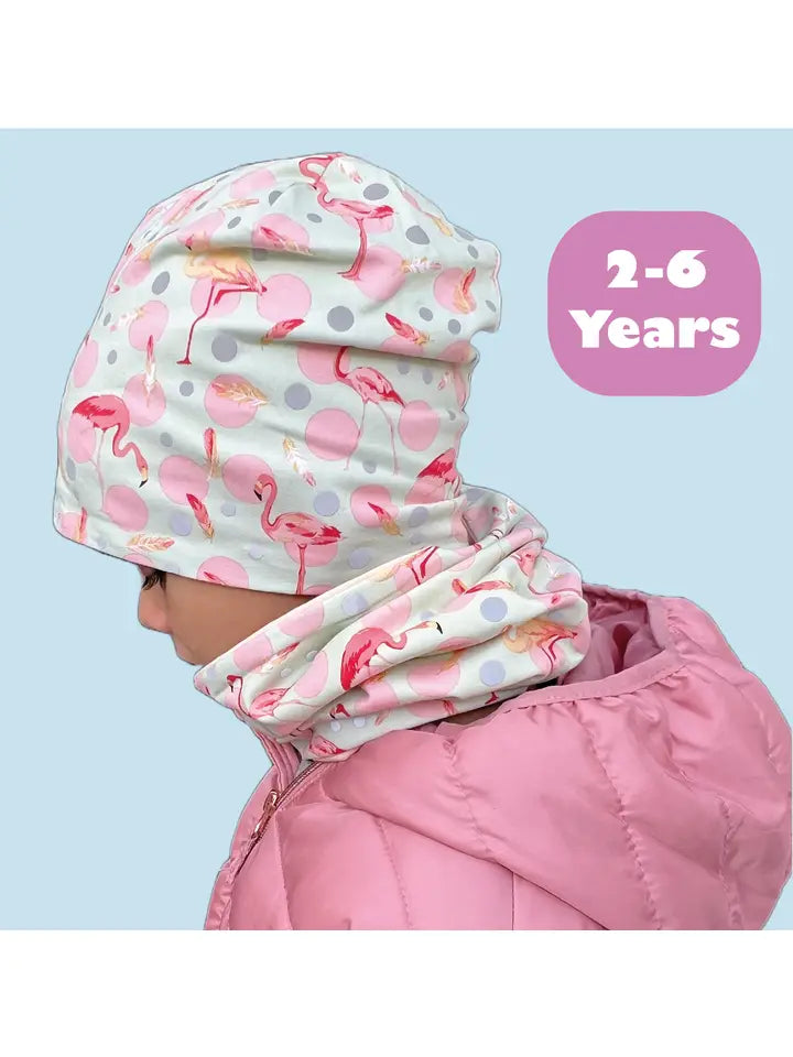 Kinder Winter Mütze & Loop Schal Reflektierend Flamingo