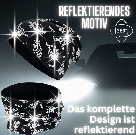 Kinder Übergangs Mütze & Loop Schal Reflektierend Dino