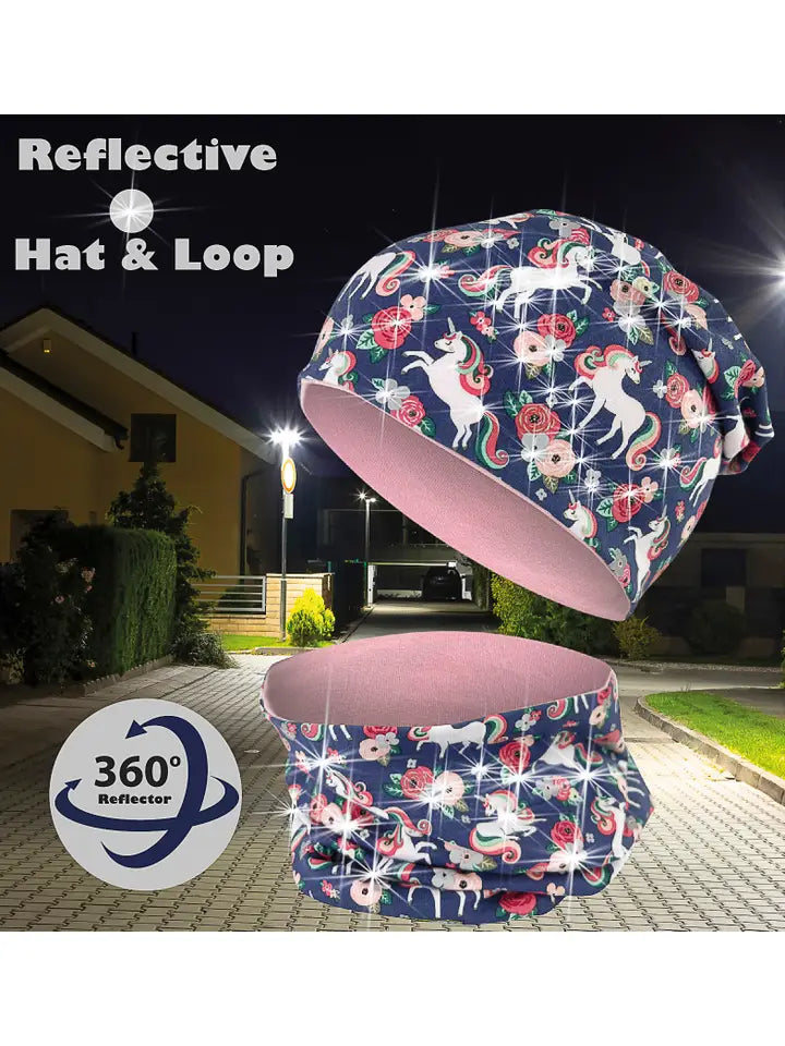 Kinder Übergangs Mütze & Loop Schal Reflektierend Einhorn