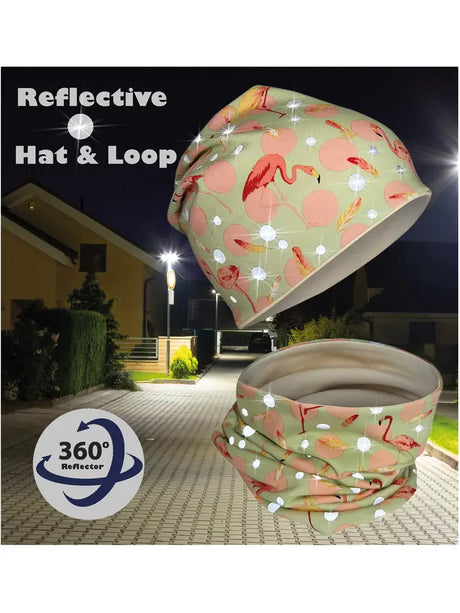 Kinder Übergangs Mütze & Loop Schal Reflektierend Flamingo