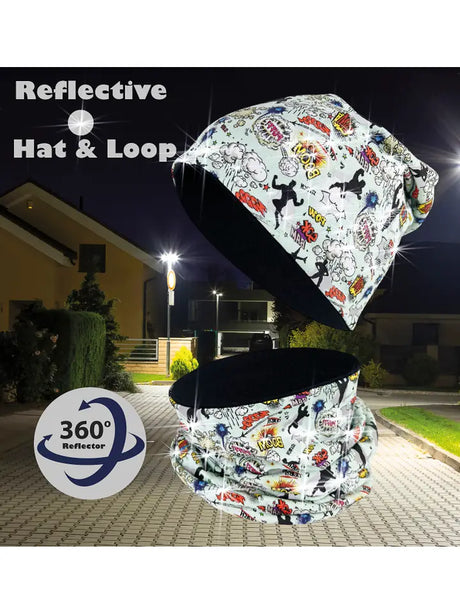 Kinder Übergangs Mütze & Loop Schal Reflektierend Superheld