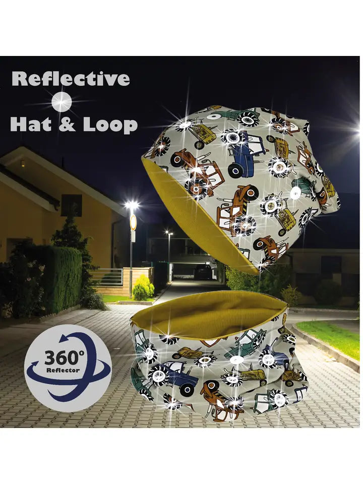 Kinder Übergangs Mütze & Loop Schal Reflektierend Traktor