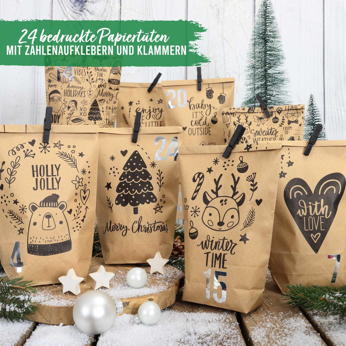 Adventskalender Tüten Braun Kindermotive