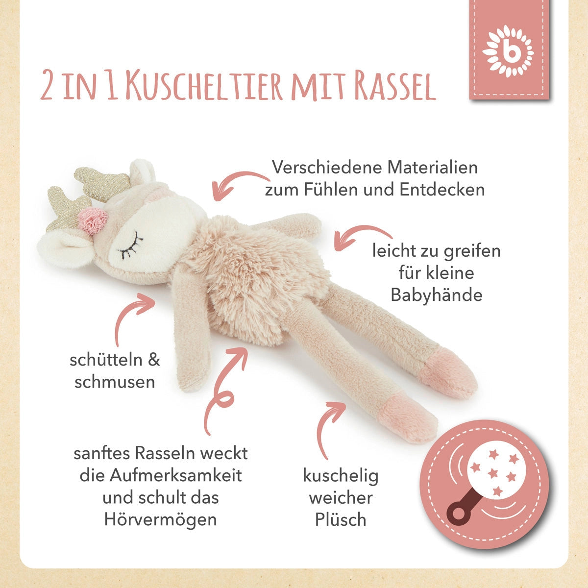 Kuscheltier Hirsch mit Rassel