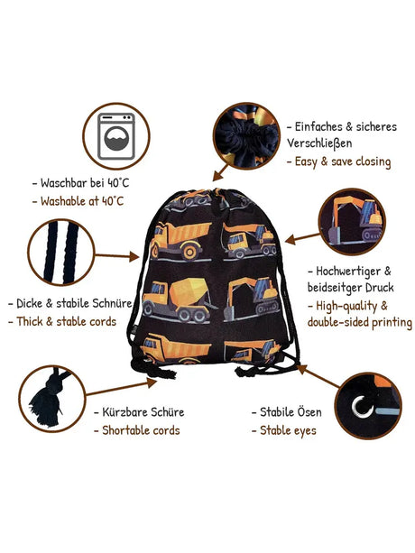 Turnbeutel Kinder Polyester Baustellenfahrzeuge Schwarz