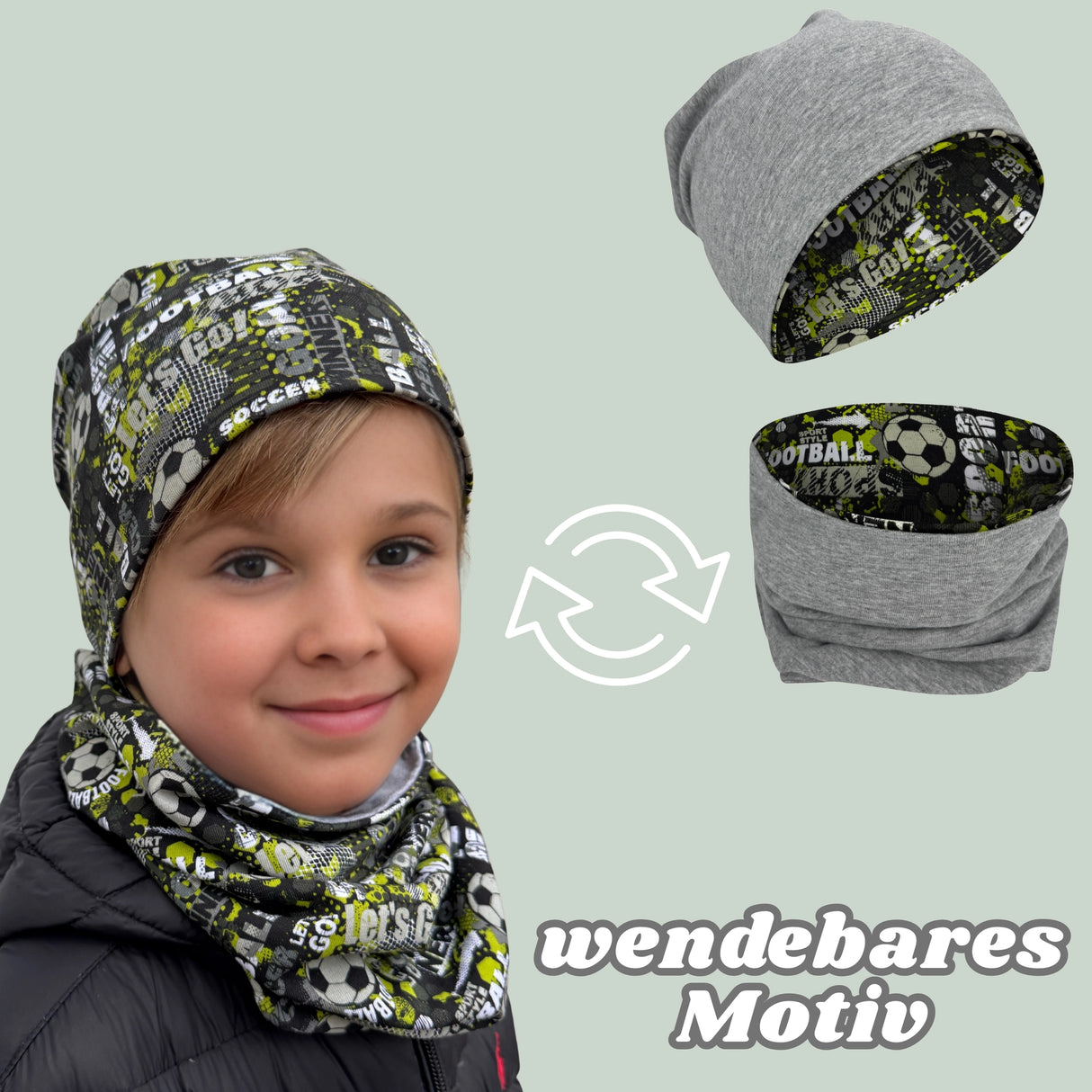 Kinder Übergangs Mütze & Schal Fussball
