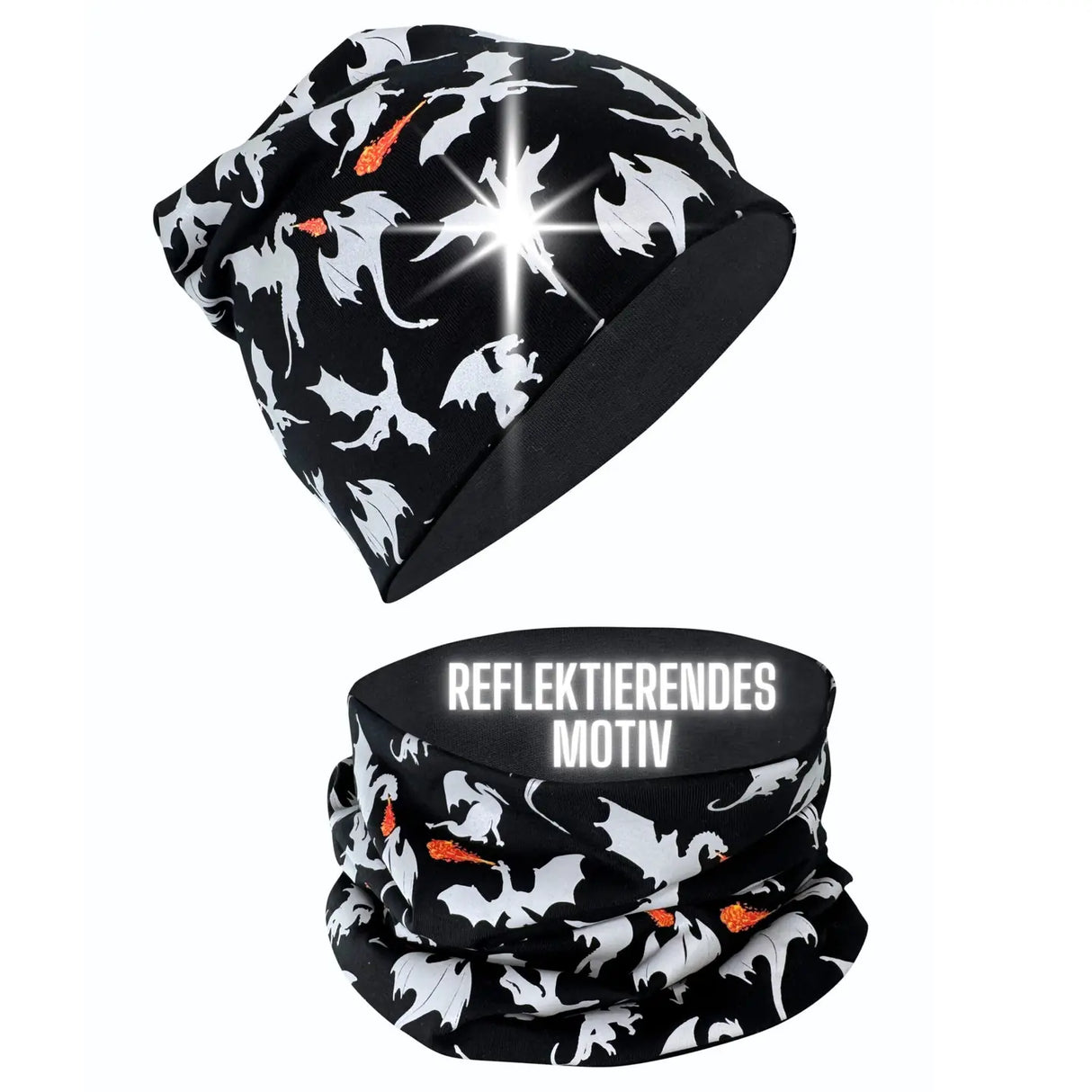 Kinder Beanie Mütze & Loop Schal Reflektierend Drache