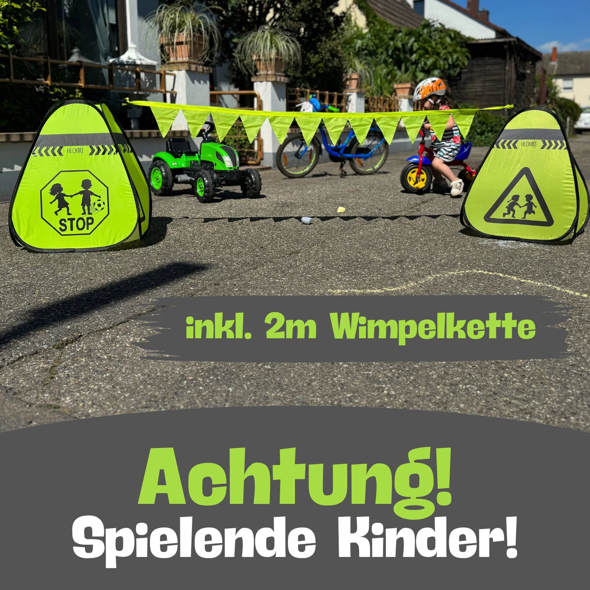 2 Straßenwarnschild mit Wimpelkette - Achtung spielende Kinder